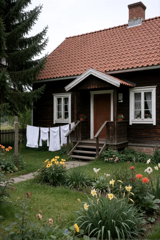 A Traditional Dark Wooden House With White-framed Windows An...