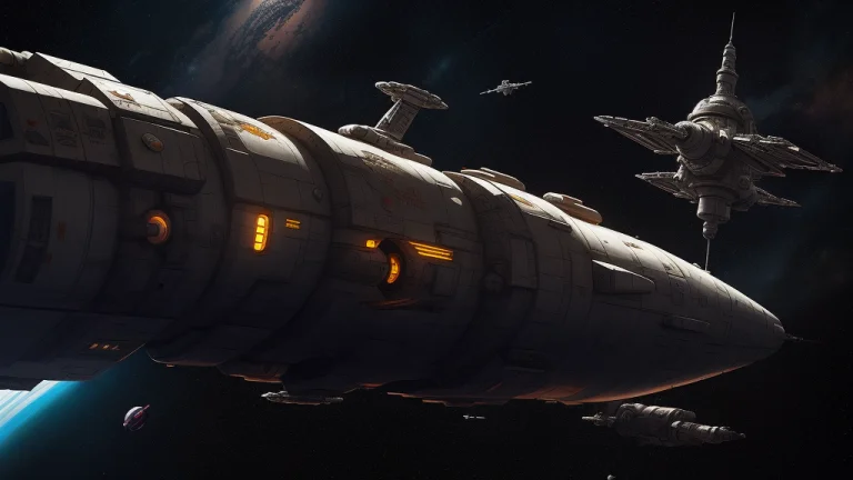 Spaceship In Outer Space, Space Station In The Background, D...