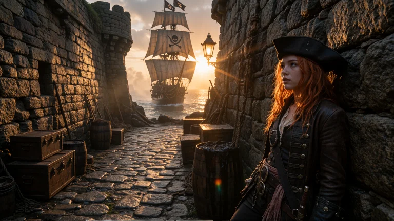 Cinematic Anamorphic Shot, 2.391. A Narrow Stone Harbour At...
