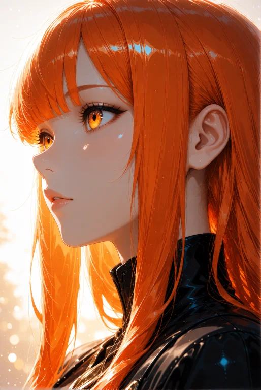 A Young Woman With Long, Vibrant Orange Hair Styled With Blu...