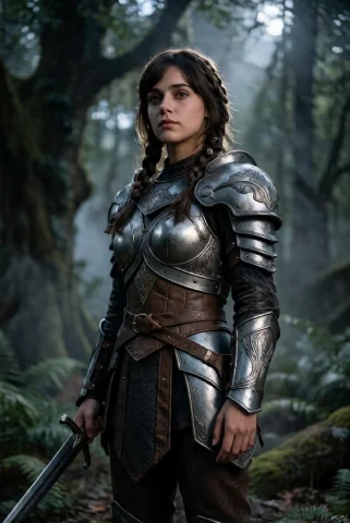 Ohwxperson. A Dramatic Low-angle Shot Of A Young Woman In Or... — Stable Diffusion AI Prompt: ohwx_person. A dramatic low-angle shot of a young woman in ornate leather and si...
