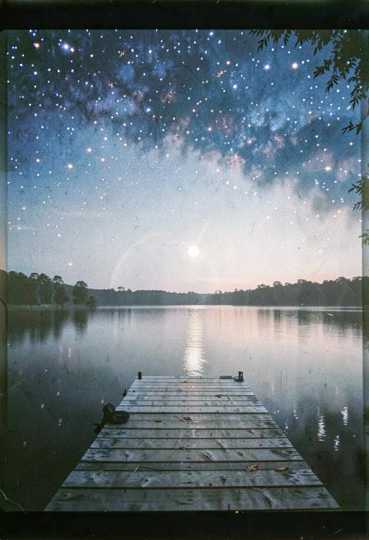 A Lakeside Dock Under A Sky Full Of Stars, Analog Photo, Col...