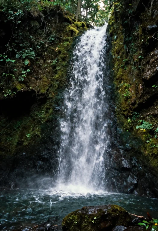 A Hidden Waterfall In A Moss-covered Ravine, Analog Photo, M...