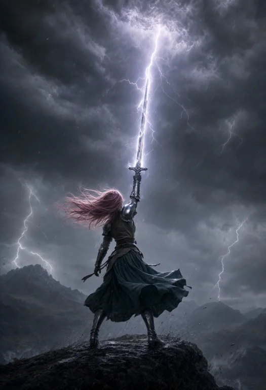 A Lone Female Warrior Stands Seen From Behind Atop A Rough,...