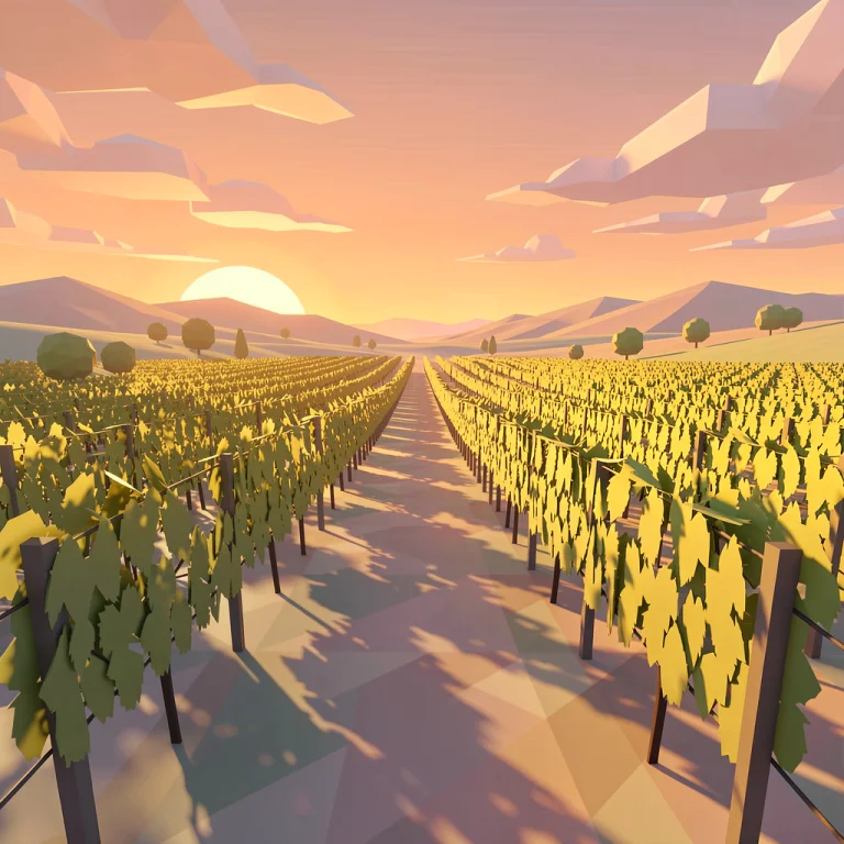 A Vineyard Glowing Under An Amber Evening Sky, Low Poly, Pas...