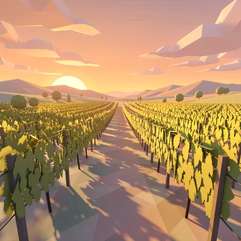 A Vineyard Glowing Under An Amber Evening Sky, Low Poly, Pas... — Stable Diffusion AI Prompt: a vineyard glowing under an amber evening sky, low poly, pastel palette, sharp f...