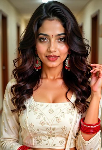 A Highly Detailed, 8k Photorealistic Studio Beauty Shot Of T... — FLUX AI Prompt: A highly detailed, 8k photorealistic studio beauty shot of the South Asian woman...