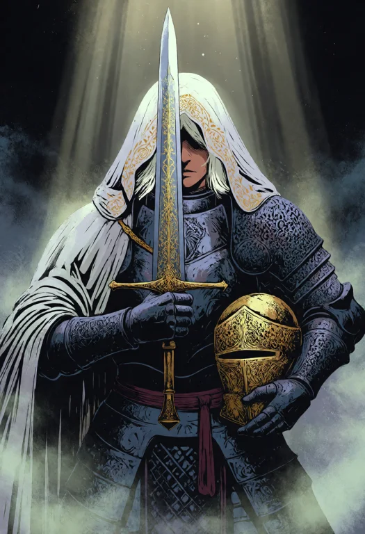 Darkfantasyillustration, A Solemn Knight Stands In A Shaft O...