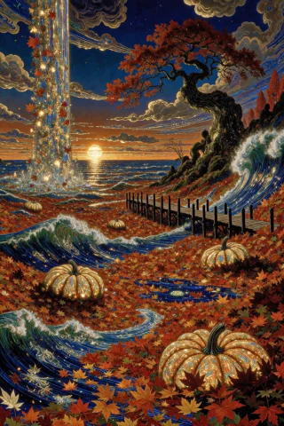 Surreal Autumn Landscape, An Endless Ocean Of Orange And Cri... — Stable Diffusion AI Prompt: Surreal autumn landscape, an endless ocean of orange and crimson leaves behaving...