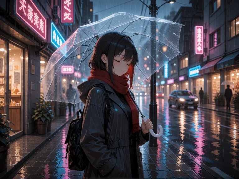 An Adult Anime Woman Standing On A Rainy City Sidewalk Under...