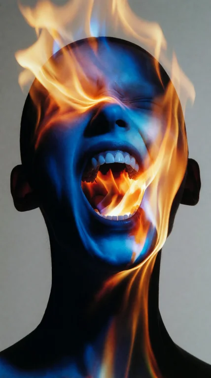 Close-up Human Figure, Dramatically Illuminated, Intense Fir...