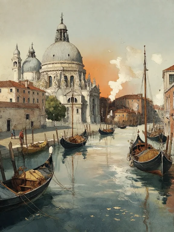 Bradhamel Art Style. A Serene Venetian Canal At Golden Hour,...