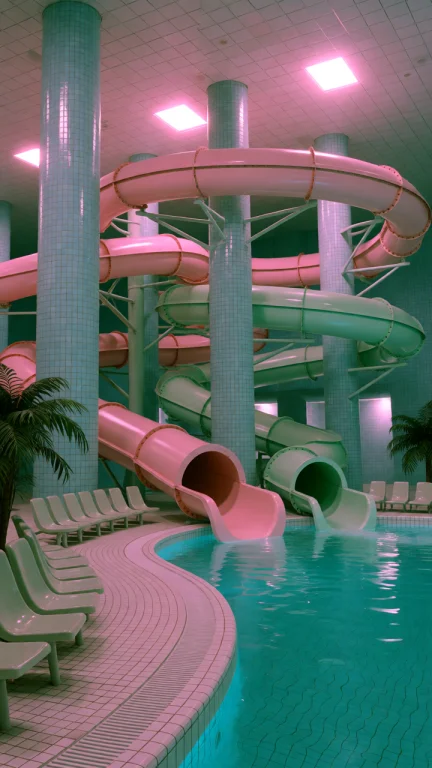 Dcl1m1nal. Wide Eye-level Shot Of A Sprawling Indoor Waterpa...