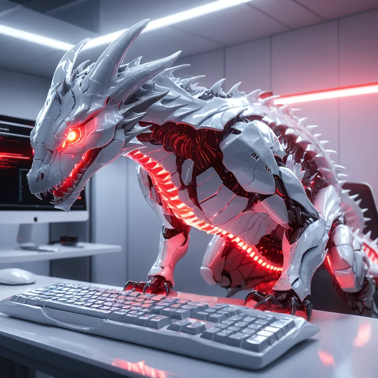 A Dragon Made Of Glossy White Tech Squeezed Into A Tiny Futu...