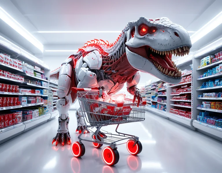 A Huge T-rex Made Of Glossy White Tech With Glowing Red Join...