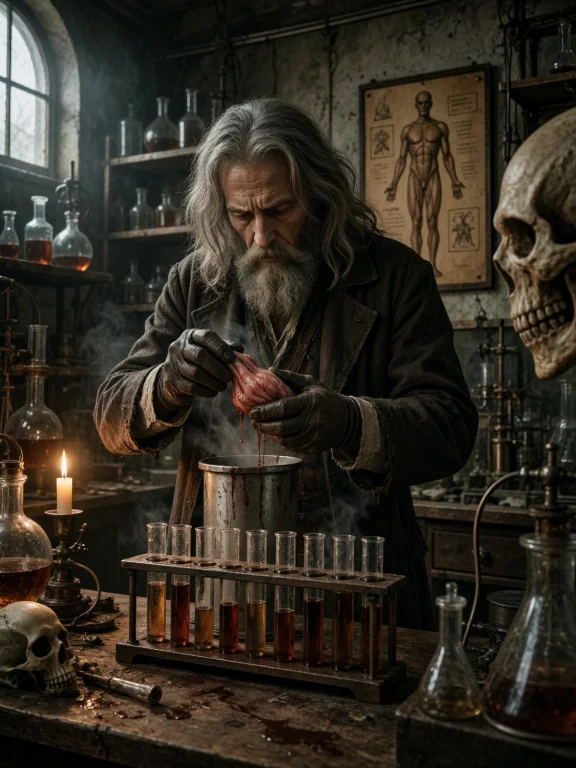 A Dark, Cinematic Horror-science Laboratory Fills The Frame,...