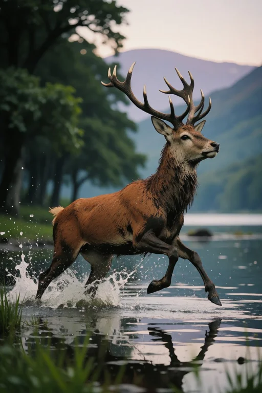 Nature, A Red Stag Bounding Through Shallow Lake-edge Water...