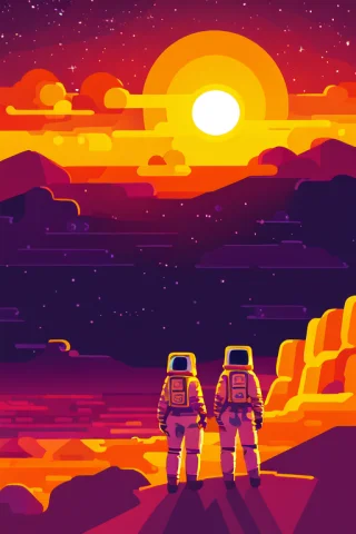 Loras1-kurzgesagtdreamlike-0000081, People,sun,sea,mountain,... — Stable Diffusion AI Prompt: , people,sun,sea,mountain,yellow sky,two sun,red sea,astronaut, vector art, Kurz...