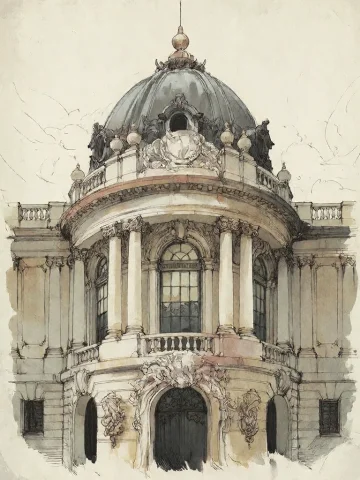 Bradhamel Art Style. A Detailed Sketch Of A Grand Classical... — Stable Diffusion AI Prompt: Bradhamel art style. A detailed sketch of a grand classical building featuring a...