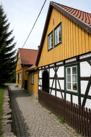 A Narrow Cobblestone Street Runs Diagonally From The Lower L... — Stable Diffusion AI Prompt: A narrow cobblestone street runs diagonally from the lower left into the distanc...