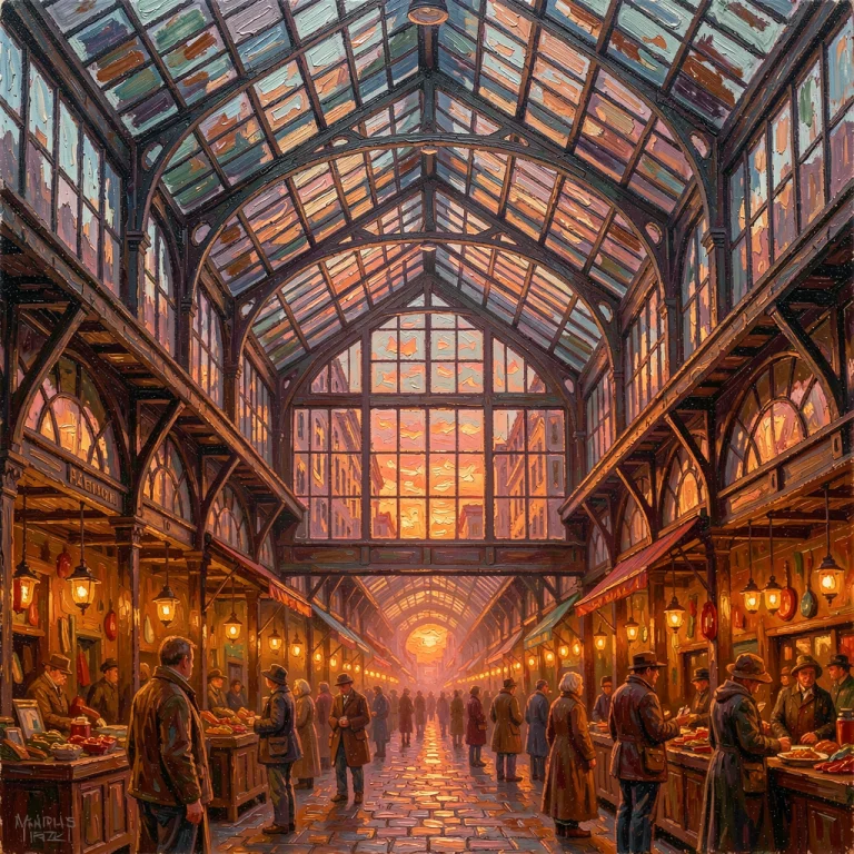 A Covered Market Of Iron And Frosted Glass, Impasto Texture,...