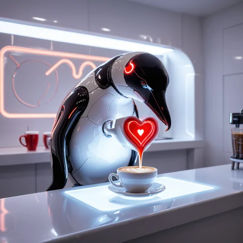 A Penguin Barista Made Of Glossy White Tech Pouring Latte Ar... — SDXL AI Prompt: a penguin barista made of glossy white tech pouring latte art shaped like a glow...