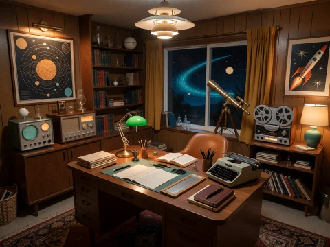 A Cosy Mid-century Atomic-era Den That Feels Like The Privat... — Stable Diffusion AI Prompt: A cosy mid-century atomic-era den that feels like the private study of a brillia...