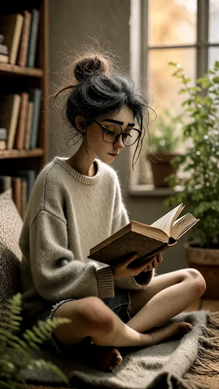 A Young Woman With Messy Dark Hair, Glasses, And Light Freck...