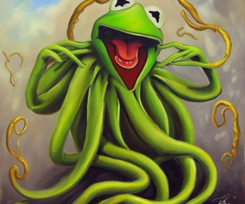 Asciia Painting Of Cthulhu As Kermit The Frog, Very Detailed... — Stable Diffusion AI Prompt: ASCIIA painting of Cthulhu as kermit the frog, very detailed, clean, high qualit...