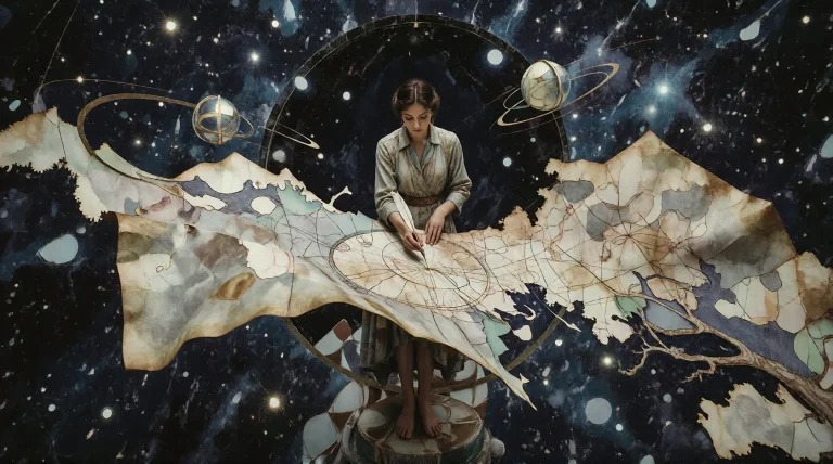 A Solitary, Visionary Cartographer Stands In The Center Of A...