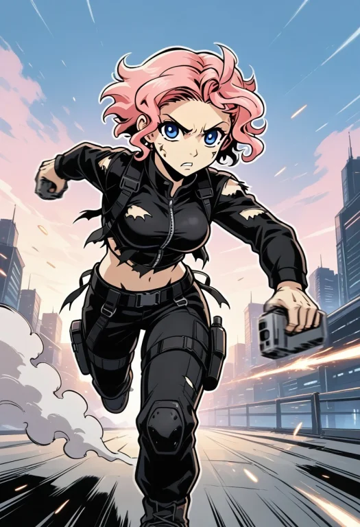 Dizy9negro, Thick Lines, Solo, 1girl, Short Pink Hair, Blue...