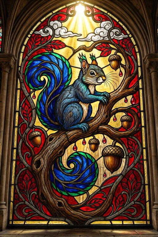 A Magnificent Stained Glass Window, Bathed In Golden Backlig...