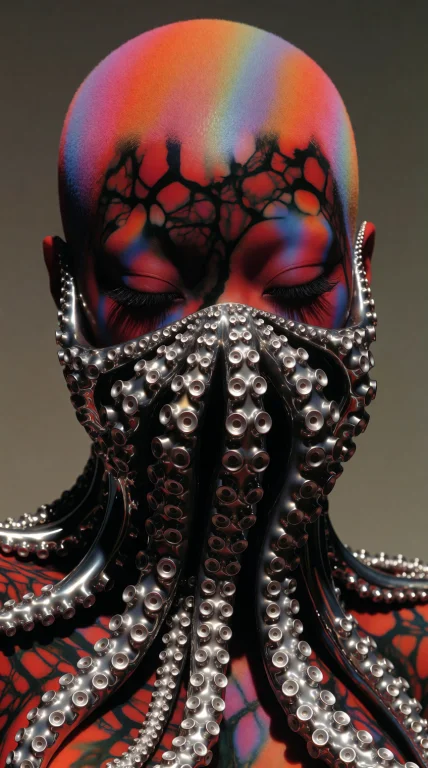 Striking Close-up, Humanoid Figure, Bald Head, Vibrant Hues,...