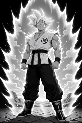 Goku From Dragon Ball, Saiyan, With Spiked White Hair Standi... — Stable Diffusion AI Prompt: Goku from Dragon Ball, Saiyan, with spiked white hair standing upright and light...