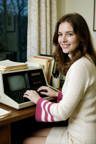 A Smiling Woman With Long Wavy Brown Hair Sits At A Wooden D... — Stable Diffusion AI Prompt: A smiling woman with long wavy brown hair sits at a wooden desk, typing on a vin...