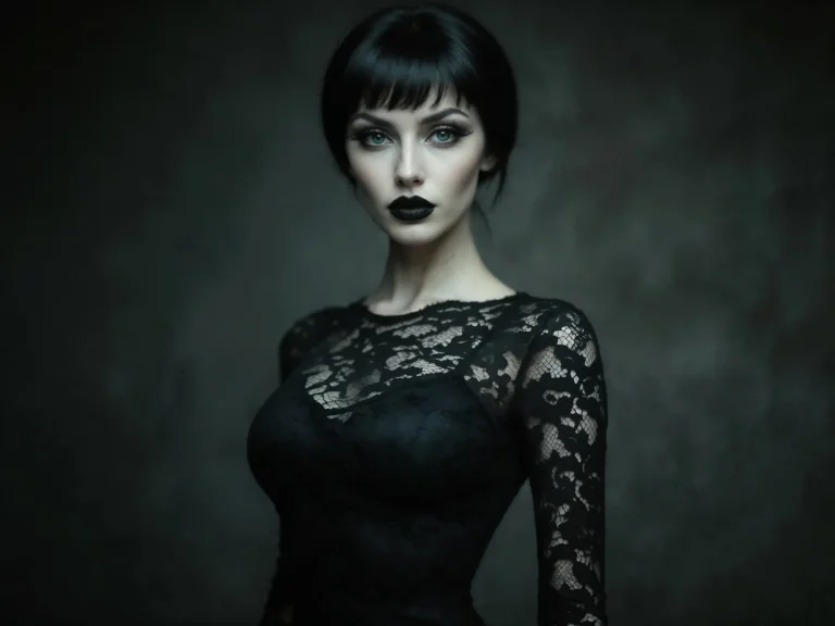 Woman With Black Hair Lace Dress Black Lipstick Dark Backgro...