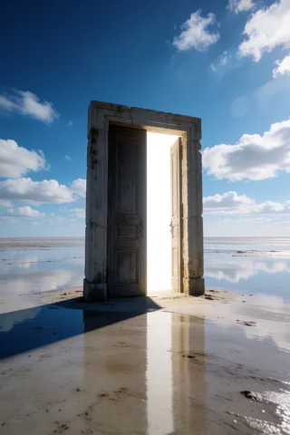 A Massive, Ancient Wooden Door With A Stone Archway Standing... — Stable Diffusion AI Prompt: A massive, ancient wooden door with a stone archway standing completely alone in...