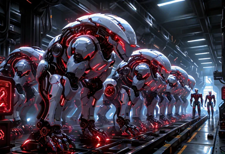 A Futuristic Industrial Robot Assembly Factory Where Humanoi...