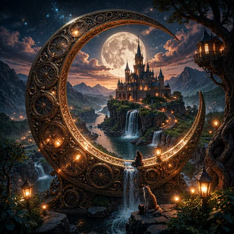 A Surreal Fantasy Landscape Dominated By A Colossal, Ornate... — Stable Diffusion AI Prompt: A surreal fantasy landscape dominated by a colossal, ornate golden crescent moon...