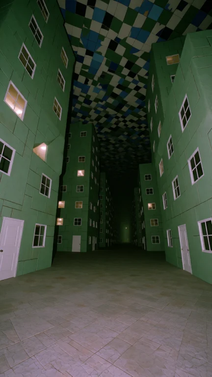 Dcl1m1nal. Wide Low-angle Shot Of A Cavernous, Artificial Co...