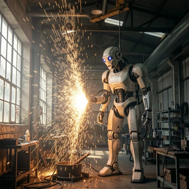 A Robot Foundry Lit By Cascades Of Sparks, Soft Window Light...