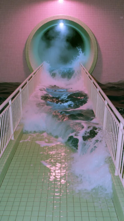Dcl1m1nal. Eye-level Medium-long Shot Of A Waterpark Walkway...
