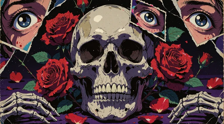 A Large, Weathered Human Skull Dominates The Composition, It...