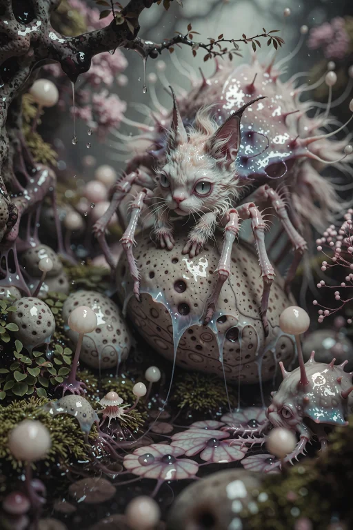 A Whimsical Chibi Hybrid Of A Long-haired Feline And A Spide...