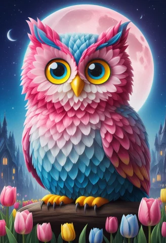 Jaynl-tm, Cute Pink And Blue Owl Made Of Tulips, Crystalized... — SDXL AI Prompt: jaynl-tm, cute pink and blue owl made of tulips, crystalized, crystal world, big...