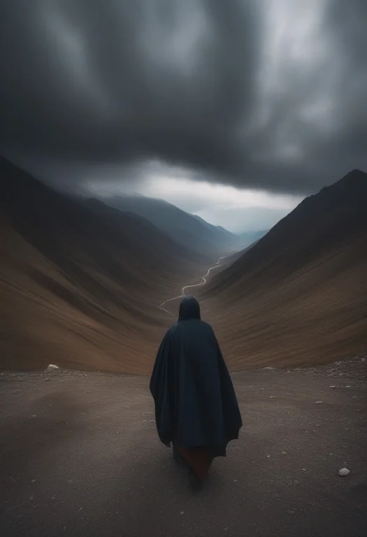A Nomad Wrapped Against A Mountain Wind, Cinematic Photograp...