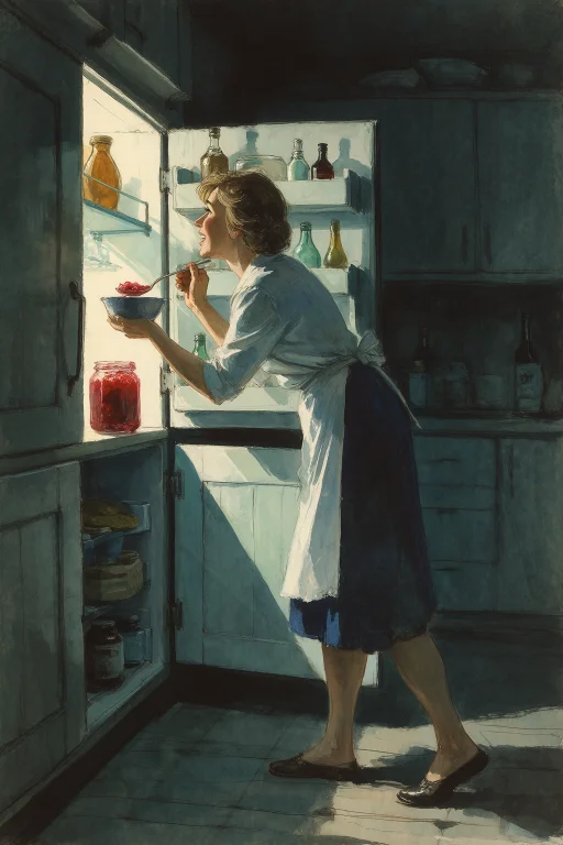 Vladimir Zarubin Style Gouache Illustration, A Woman Sneakin...