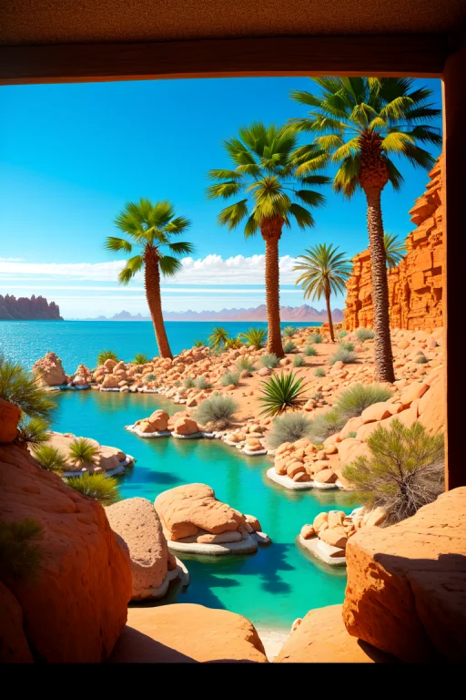 Raw Photo, Desert Landscape, Oasis With Palms And Water, Roc...
