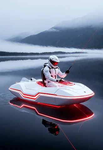 Lorawhiteemberworldmorphxl1,jaynl-tm, A Lone Fisherman In A... — SDXL AI Prompt: ,jaynl-tm, a lone fisherman in a small futuristic boat on a black reflective lak...