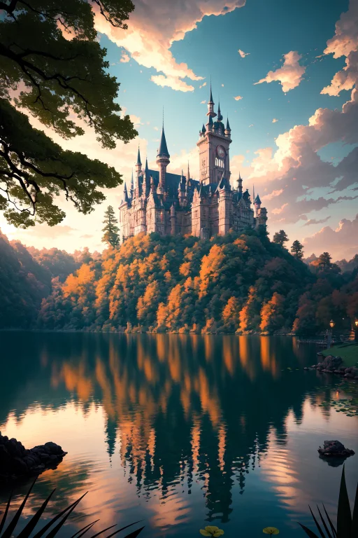 Gothic Castle Yard With A Lake And Lush Plants, Fantasy Art,...
